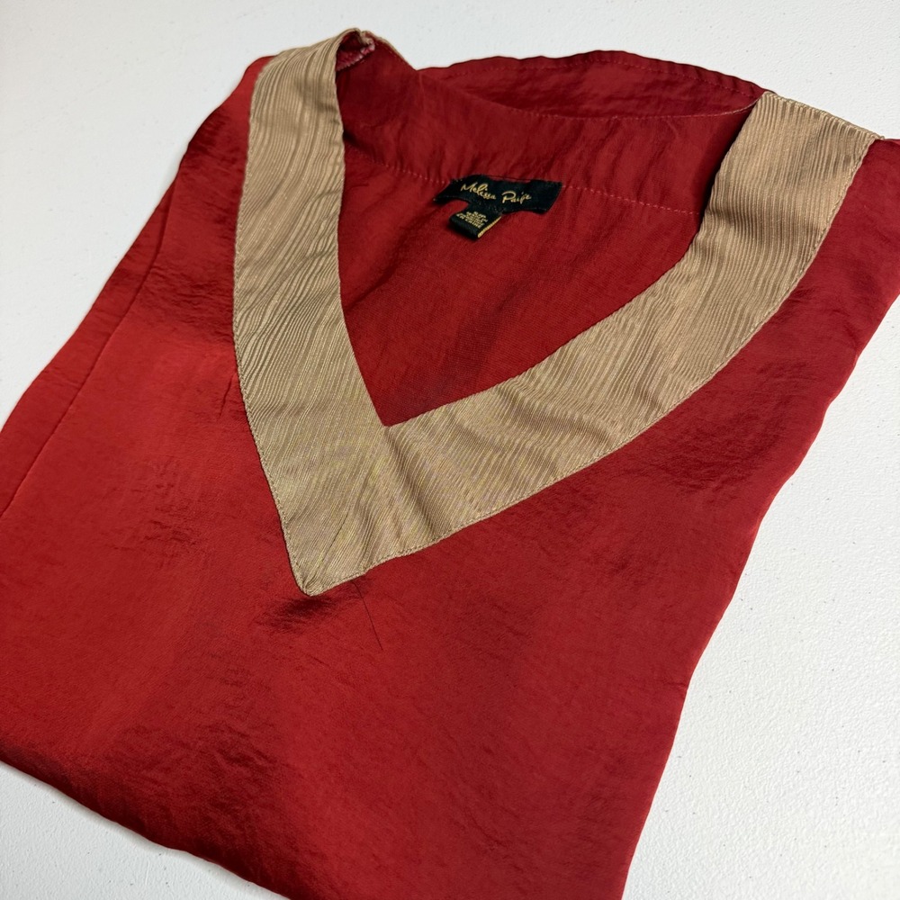 Melissa Paige Blouse Red Polyester V-Neck Contrast Trim Casual Chic S - Picture 1 of 5